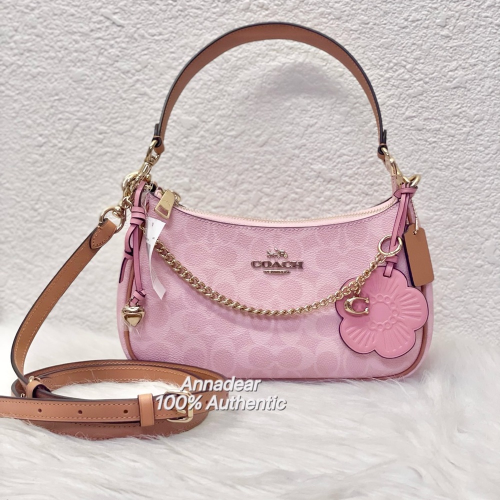 NWT Coach Gold Powder Pink Teri Shoulder Bag Signature with Charms CEA20